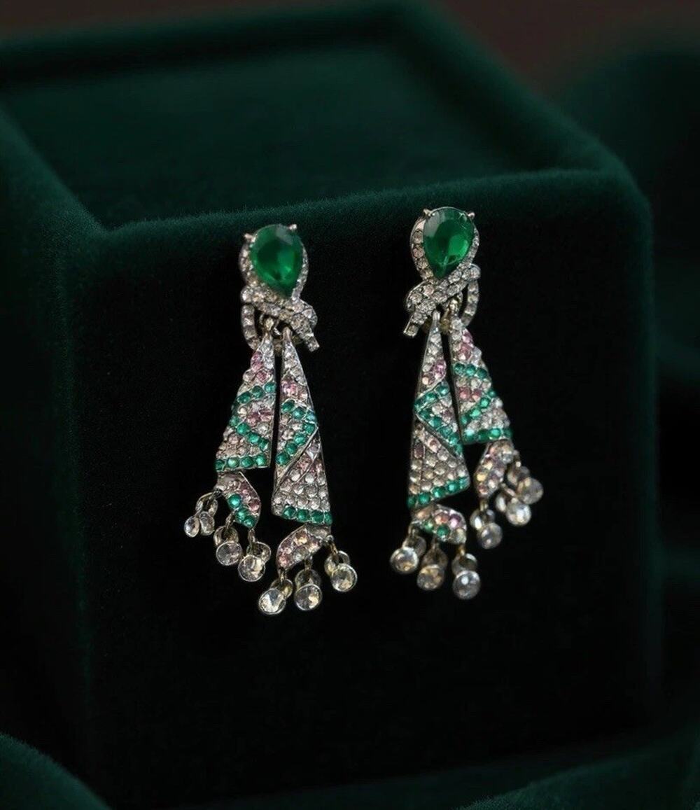 Museum Art Deco Earrings Fan Silver VTG CZ Court Palace Antique Geometric Boho